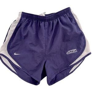 Nike DRI-FIT size L purple & white Tempo 3” inseam lined Running Shorts JMU Logo